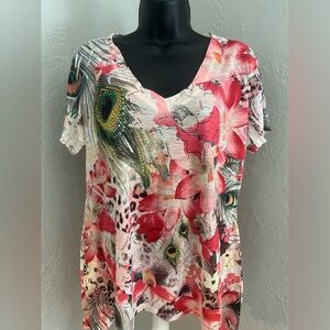 ONEWORLD, pink and cream, large shirt.